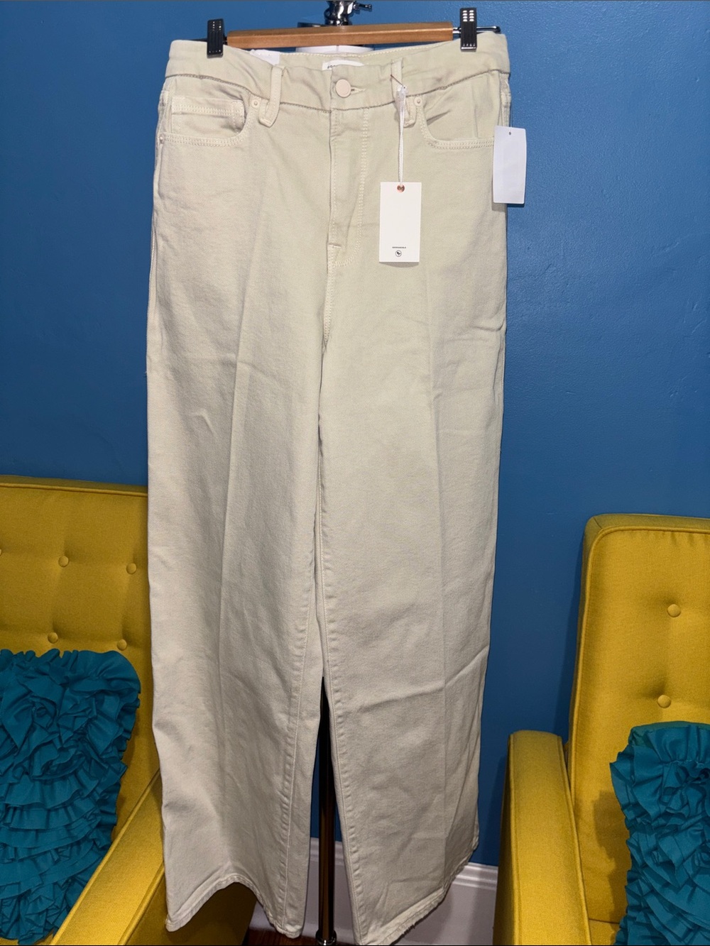 Good American Cream Wide Leg High-Rise Jeans with Front Slit